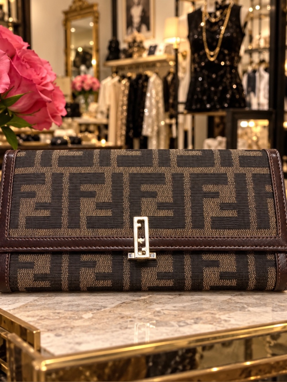 Fendi Zucca Canvas Long Flap Wallet Brown & Black